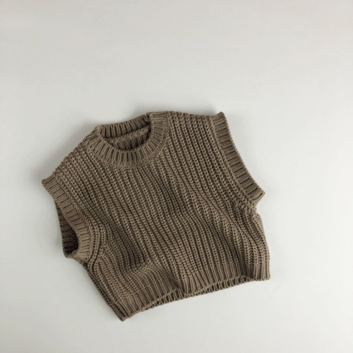Autumn and winter children's clothing, Korean style vest, artistic brown pullover, new sleeveless solid color sweater for boys and girls