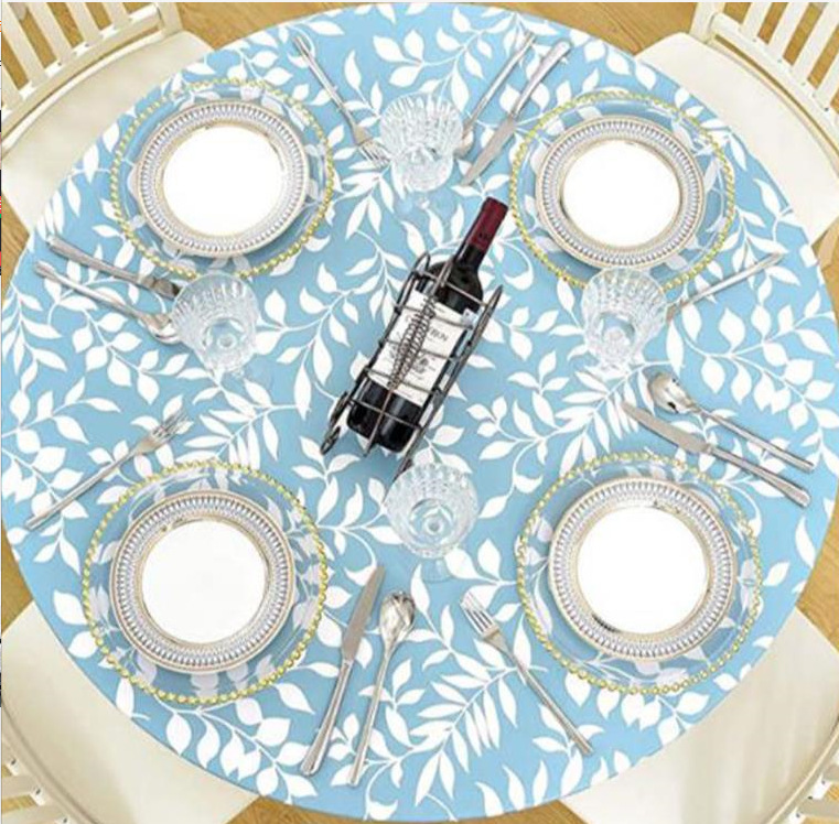 Mantel redondo de PVC transfronterizo impermeable y a prueba de aceite forrado de vellón grueso transparente impreso mantel de plástico banda elástica mantel de grano de madera