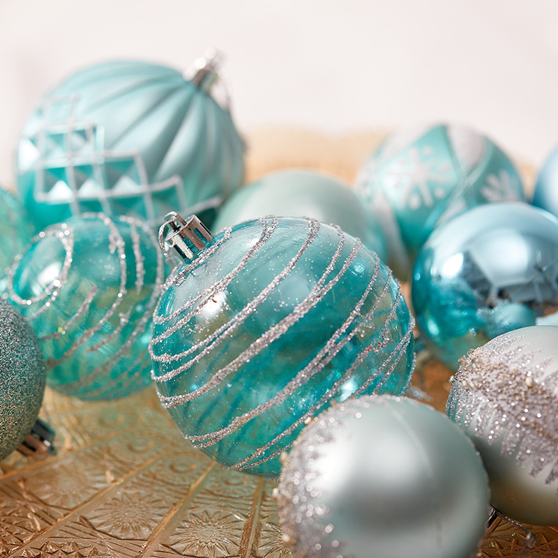 Bola de Navidad azul azul azul claro 6cm8cm bola de galvanoplastia pintada azul y verde colgante de decoración de ventana de hotel nacarado transparente