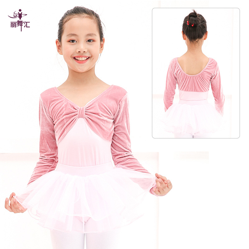 En stock de manga larga de primavera y otoño ropa de ballet ropa de práctica de una sola pieza para niños ropa de baile para niñas de terciopelo dorado ropa de clasificación de gimnasia