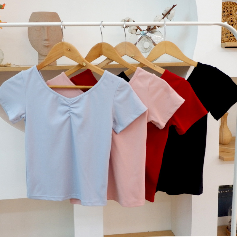 Four-color stretch ballet dance pleated short-sleeved top