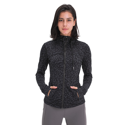 New Autumn and Winter Women's Sports Hooded Jacket Women Slim Shaping Stretch Printed Running Zipper Yoga Jacket