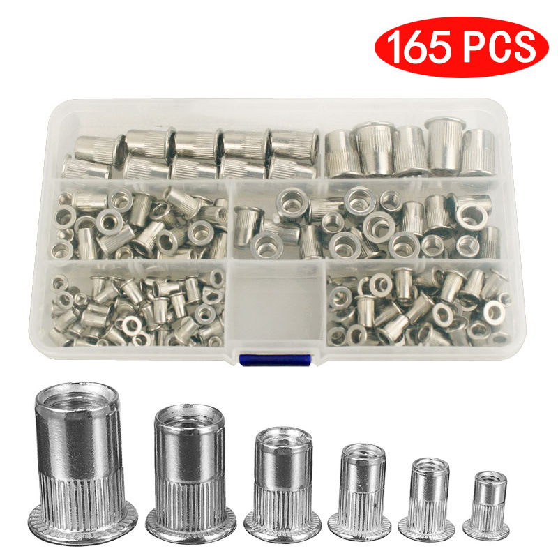 165PCS盒装拉铆螺母不锈钢铆钉螺母M3M4M5M6M8M10平螺母