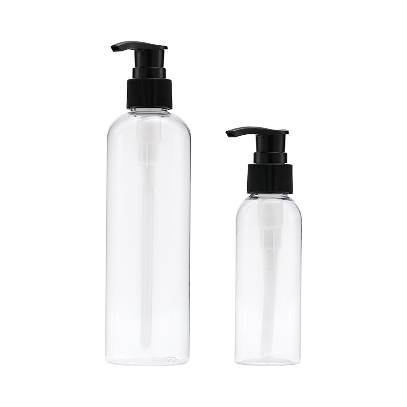 Botella de bomba de presión de rayas negras de 100ml Botella de loción de hombro redonda transparente de 200ml Botella secundaria cosmética Xumin en stock