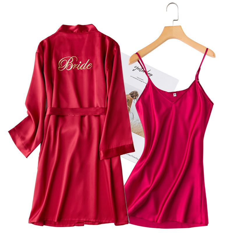 Bride Bride Dressing Gown Women's Nine-Quarter Sleeve Nightgown Wedding Bridesmaid Group Wedding Kimono Imitation Silk Cardigan Bathrobe