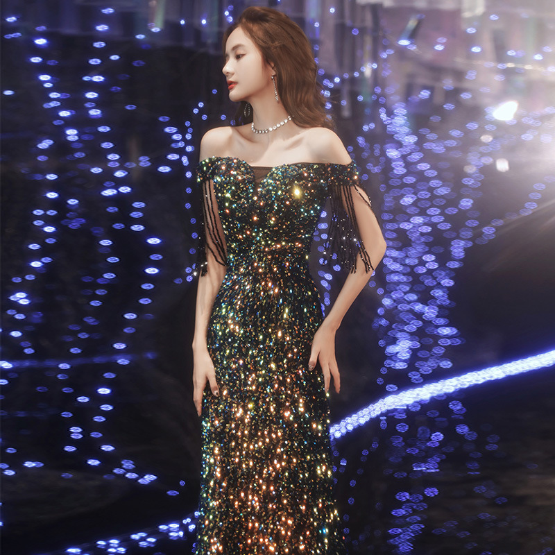 Sequin Evening Dress 2026 New Style Tassel Mermaid Long Gown for Hosting Banquets Off-The-Shoulder Annual Meeting Dress Spring Season