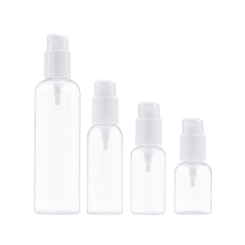 Botella de loción de 100-250 ml, botella PET transparente de hombro redondo, tapa abatible blanca con cierre, botella de presión de mercurio, materiales de embalaje Xumin para cosméticos