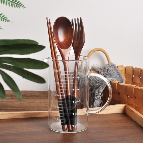 Japanese-style wrapped wooden spoon, fork and chopsticks three-piece set with long handle solid wood adult portable spoon and fork cloth bag tableware
