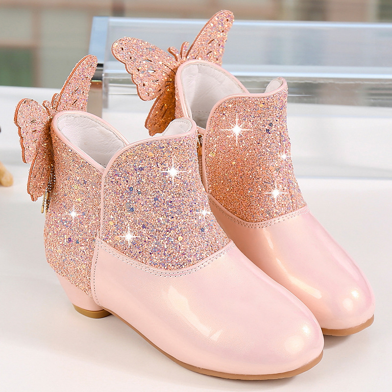 Dropshipping Bowknot Sequined Girls' Low Boots with Side Zipper, Princess Children's Boots with High Heels for Autumn and Winter, Sequined Decoration