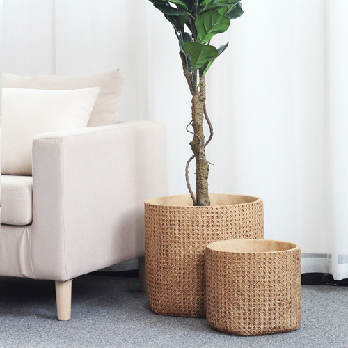 Nordic cement flower pot living room floor-standing large simple indoor potted plant creative personality imitation woven bamboo pot pot