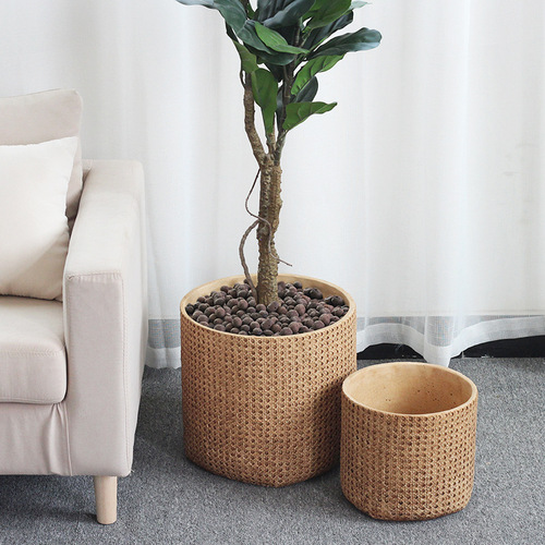 Nordic cement flower pot living room floor-standing large simple indoor potted plant creative personality imitation woven bamboo pot pot