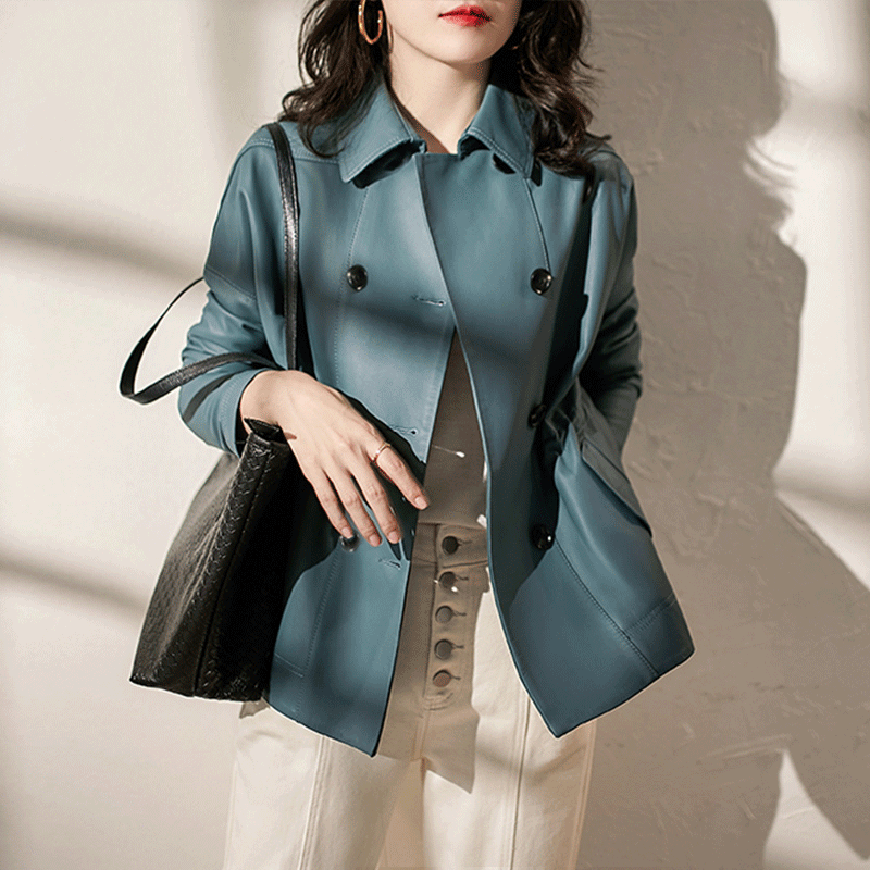 Factory direct Haining 2024 new women's lapel elegant sheepskin leather leather long double-breasted coat