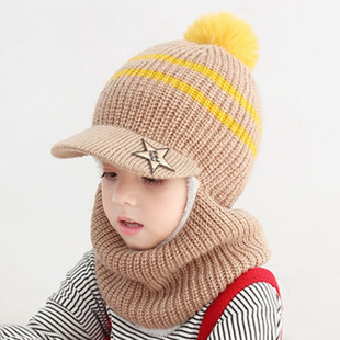 Children's Velvet Integrated Cap Autumn and Winter Warm Knitted Cap for Boys and Girls Face Protection Windproof Scarf Five-pointed Star Cap