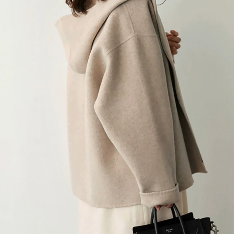 Короткое шерстяное пальто с капюшоном, oversize для подростков, демисезонный повседневный стиль