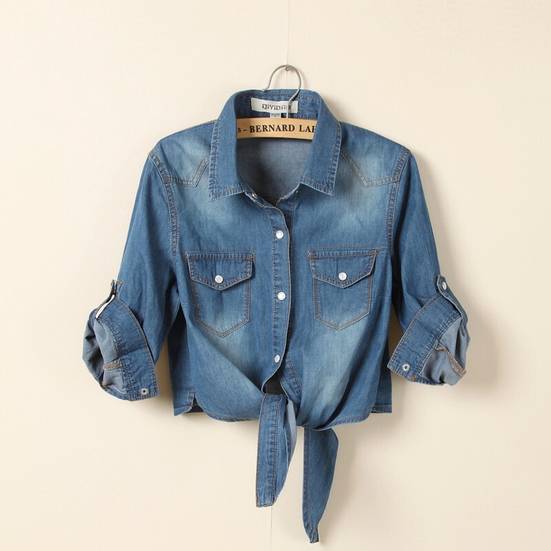 Amazon's Popular Lace-Up Knotted Mid-Sleeve Shawl Denim Shirt for Women, Korean Style Short Jacket, Thin Wholesale in Stock