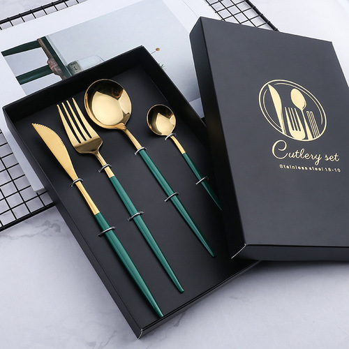 V stainless steel tableware, Portuguese cutlery, fork and spoon four-piece set, golden knife and fork, Western tableware set, gift gift