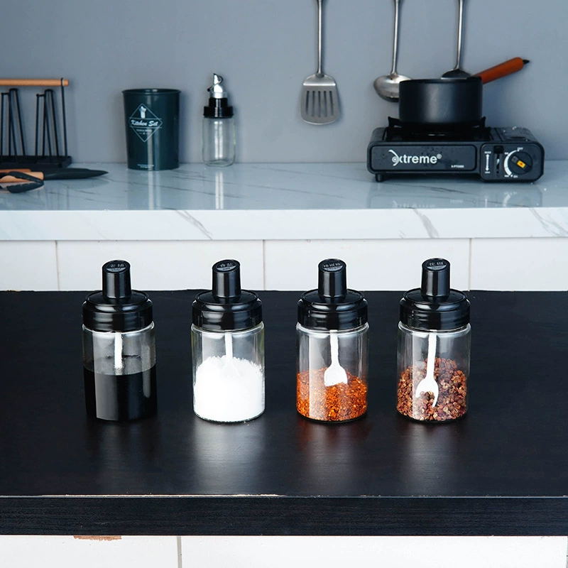 Стеклянная банка для специй с выдвижной крышкой, встроенной ложкой, емкость для приправ, герметичная солонка, контейнер для специй