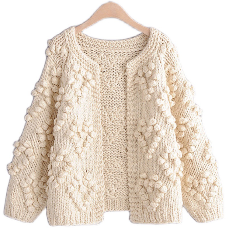 Otoño e Invierno amor ganchillo bola hecha a mano de punto suéter abrigo cuello redondo Raglan manga larga hebilla-libre punto cardigan para las mujeres image 6