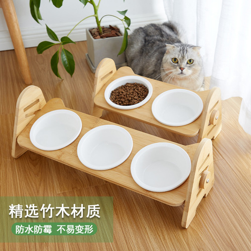 Pet Ceramic Bowl with Double Bowls, Slanting Edge for Neck Protection, Cat Food Bowl, Anti-Toppling Pet Dog Bowl with Adjustable Bamboo Wood Stand