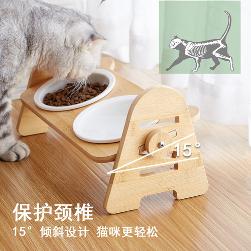 Pet Ceramic Bowl with Double Bowls, Slanting Edge for Neck Protection, Cat Food Bowl, Anti-Toppling Pet Dog Bowl with Adjustable Bamboo Wood Stand