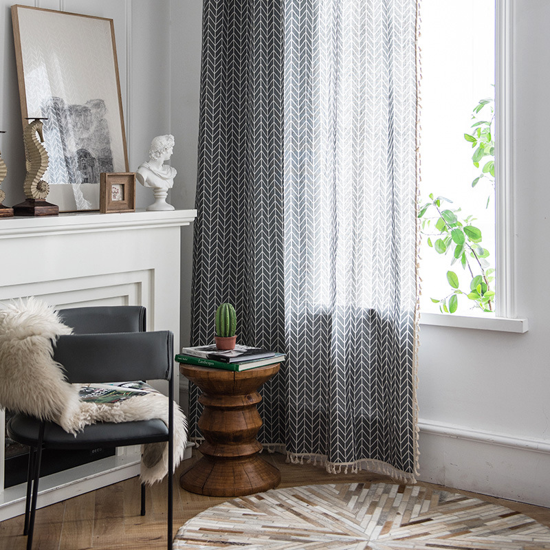 Minimalistischer, geometrisch gestreifter, grauer, trapezförmiger Quastenstoff aus Polyester-Baumwolle für Zuhause und Gästezimmer, Fertigvorhang_voghion.com