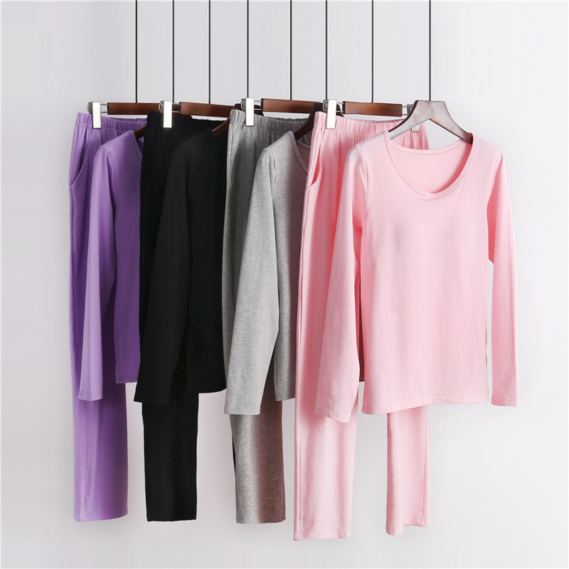 Pure Cotton Long-sleeved Pants with Chest Pad Suit Autumn Clothes Autumn Pants Autumn and Winter Home Clothes Women's Cup One-piece Pajamas