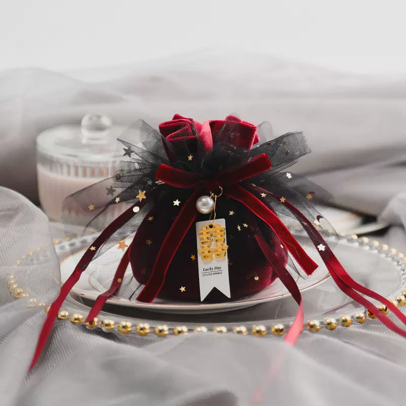 丝绒喜糖袋子结婚喜糖盒子欧式手提袋伴手礼糖果袋袋批发珍珠装饰