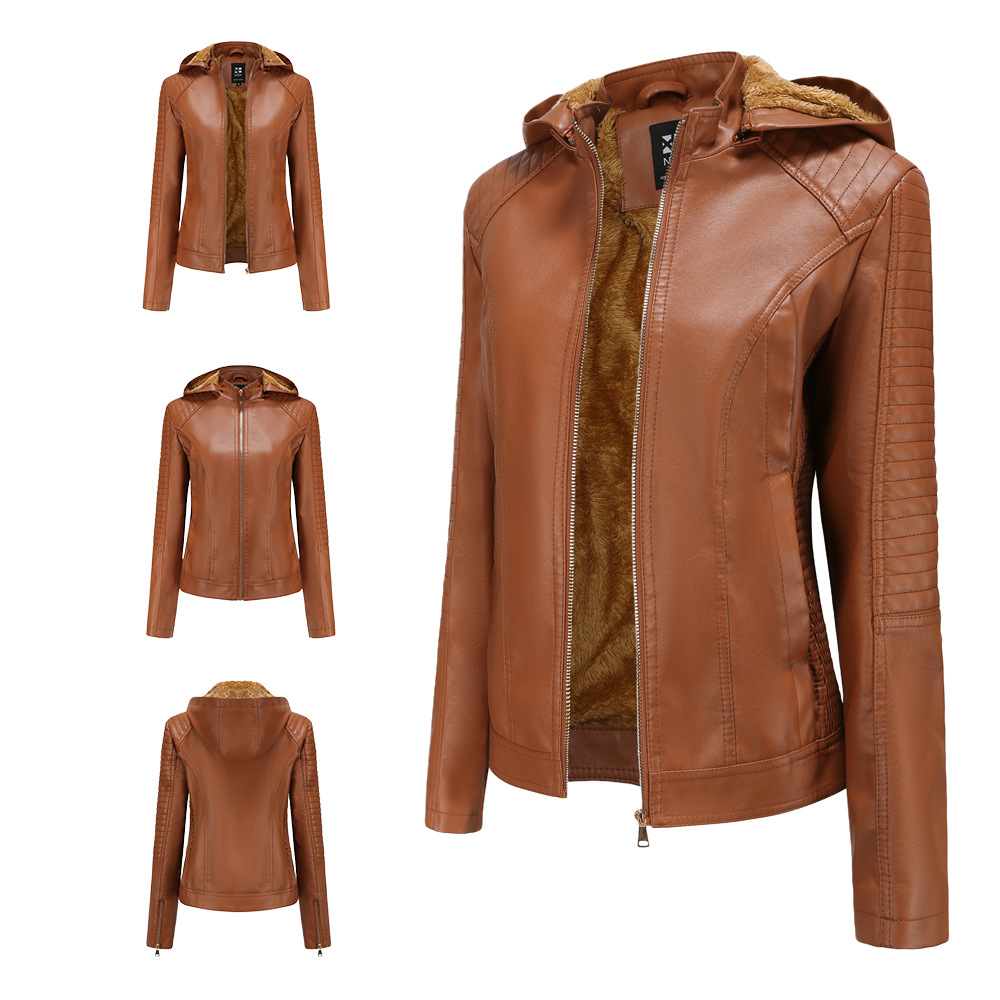 New Cross-border European and American Large Size Fleece-lined Women's Leather Women's Hooded Autumn and Winter Short Coat Warm Casual Women's Jacket