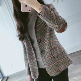 毛呢格子小西装外套女2026秋冬短款复古港风大码呢子女潮醋酯纤维