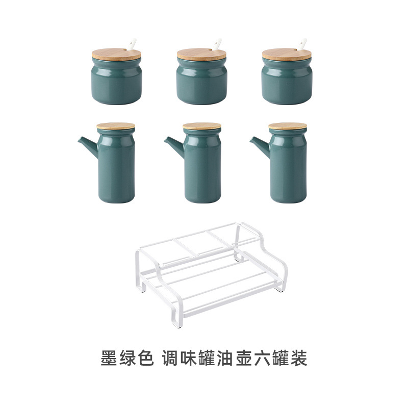 Olla de condimento verde oscuro olla de aceite de seis piezas (Marco de hierro)