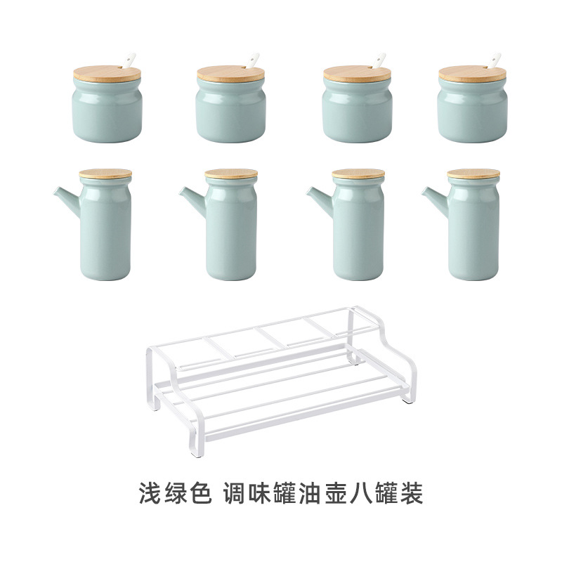 Tarro de condimento verde claro Conjunto de ocho piezas de engrasador (Marco de hierro)