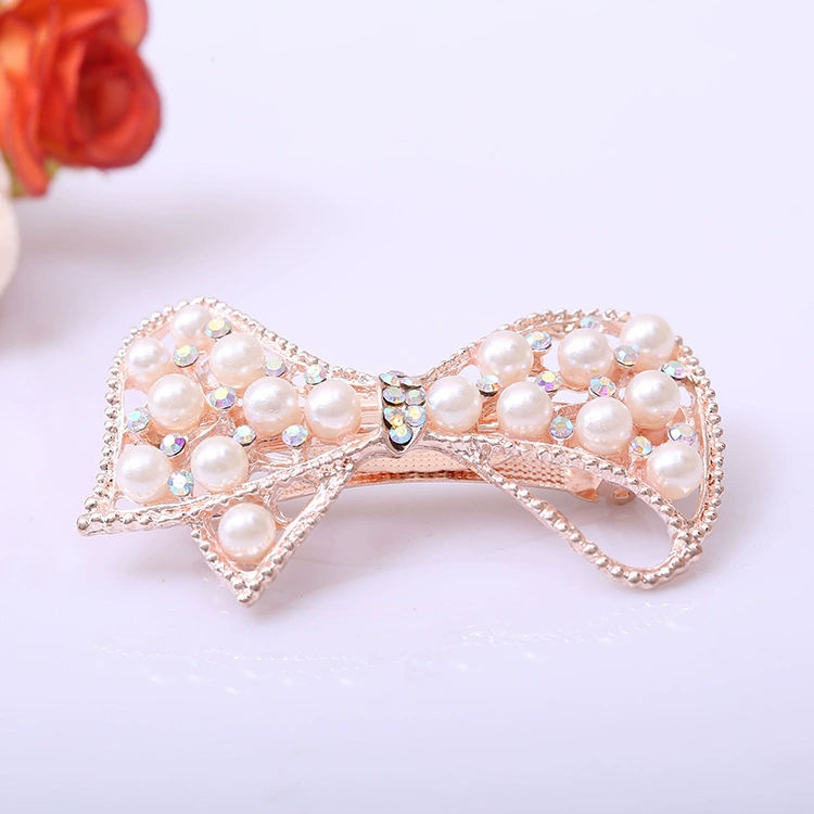 Pearl Bow Hair Clip, Decorative Rhinestone Hairgrip, Ponytail Clip, 6.7×3.6 cm, 25 g