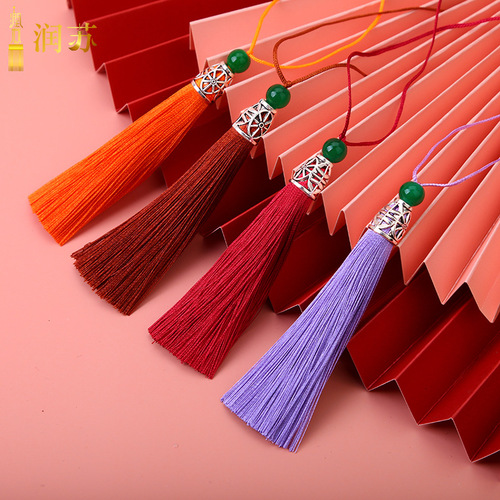 Runsu tassel 8cm green jade beads tassel tassel metal hollow rice hat hanging tassel diy hanfu sachet fan pendant