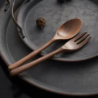 Wooden Japanese organic set, tableware, retro fork