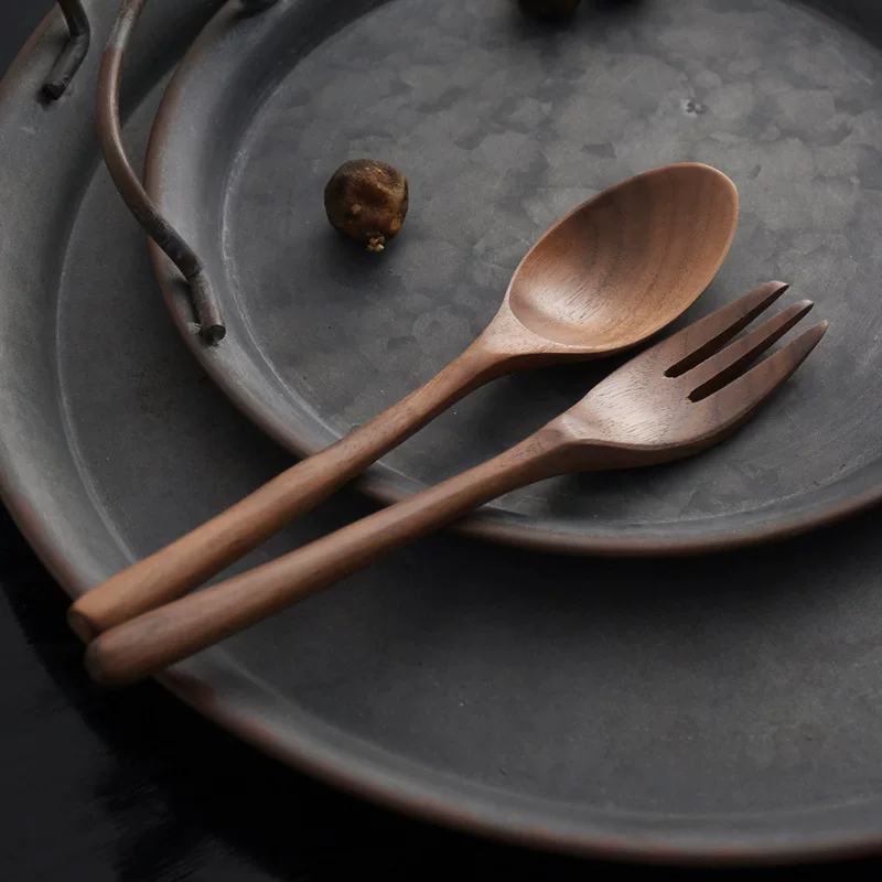 Wooden Japanese organic set, tableware, retro fork