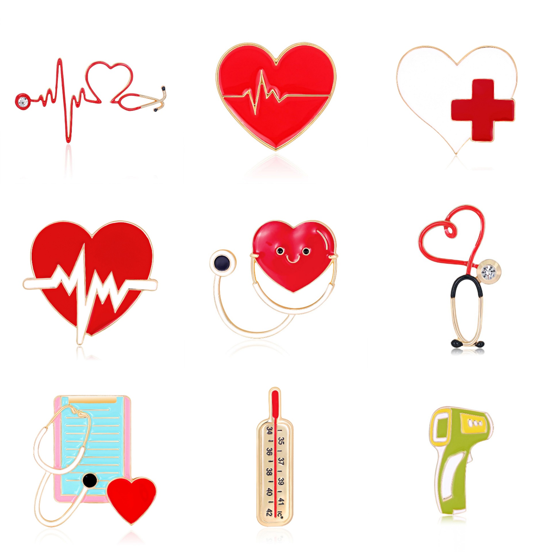 Cross-border European and American epidemic prevention brooch collection alloy dripping oil love thermometer ECG brooch medical corsage in stock