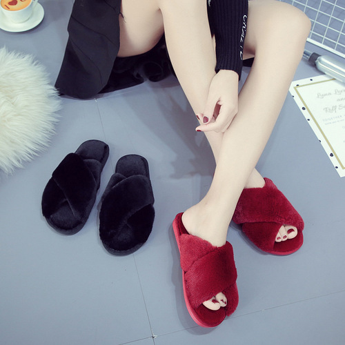Cross-border foreign trade Amazon large size cross fur slippers for women autumn and winter home floor slippers open toe cotton slippers wholesale
