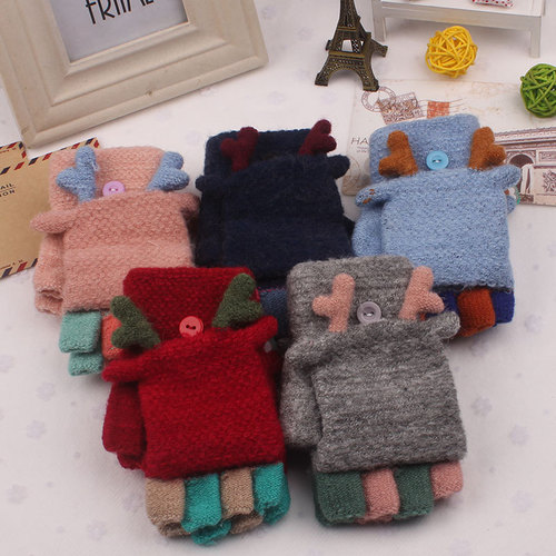 Winter New Children's Mittens Half Finger Flip-Up Dual-Purpose Separable Knitted Large Kids' Mittens Cartoon Warm Writing Mittens