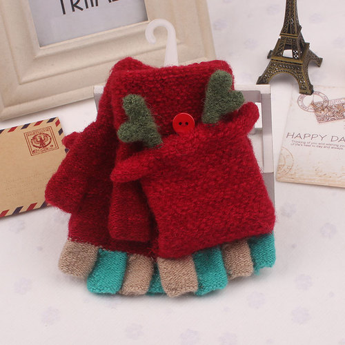 Winter New Children's Mittens Half Finger Flip-Up Dual-Purpose Separable Knitted Large Kids' Mittens Cartoon Warm Writing Mittens