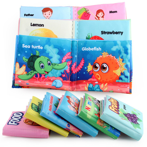 Children's baby cognitive cloth book toy intellectual early education unbreakable English marine animal palm book 4 pages 8 sides