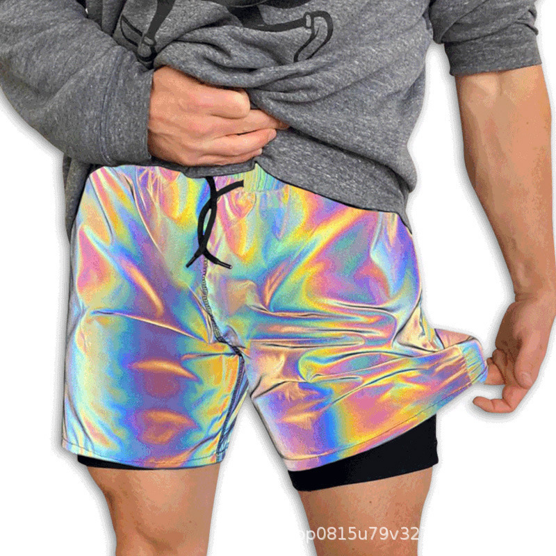 European and American Colorful Reflective Shorts Men's Hip-Hop Luminous Jogging Pants Sports Tight Running Yoga Fitness Pants Suit Trendy