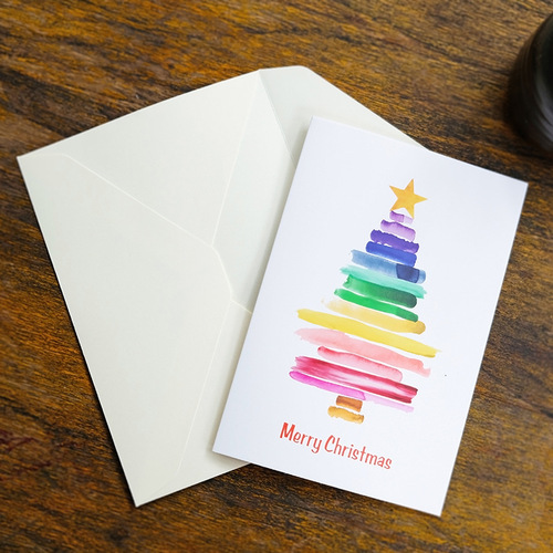 Four cross-border watercolor Christmas tree Christmas greeting cards with envelopes, hand-painted Christmas blessing cards, Christmas greeting cards