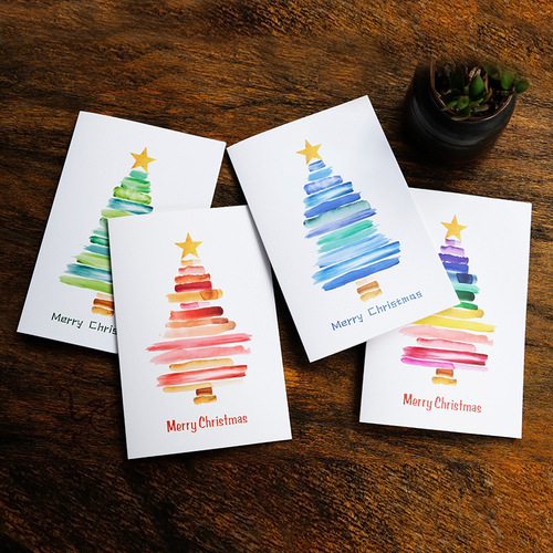 Four cross-border watercolor Christmas tree Christmas greeting cards with envelopes, hand-painted Christmas blessing cards, Christmas greeting cards