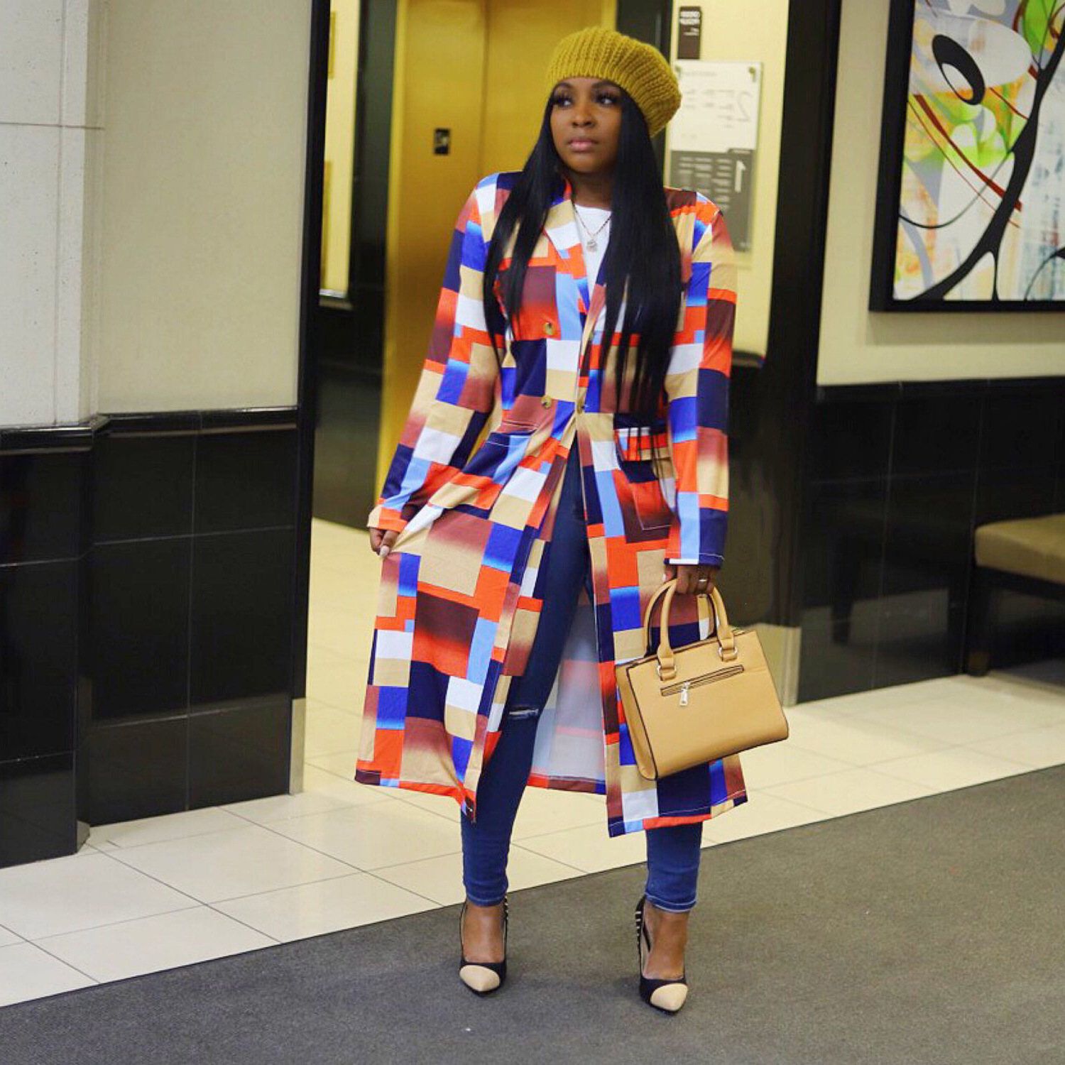 Autumn and winter New trench coat cross-border Amazon European and American plus size plaid printed double-breasted lapel coat coat women's coat Autumn and winter New trench coat cross-border Amazon European and American plus size plaid printed double-breasted lapel coat coat women's coat