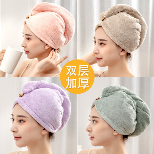 Double-layer coral velvet dry hair cap wholesale thickened quick-drying hair towel microfiber absorbent bow shower cap