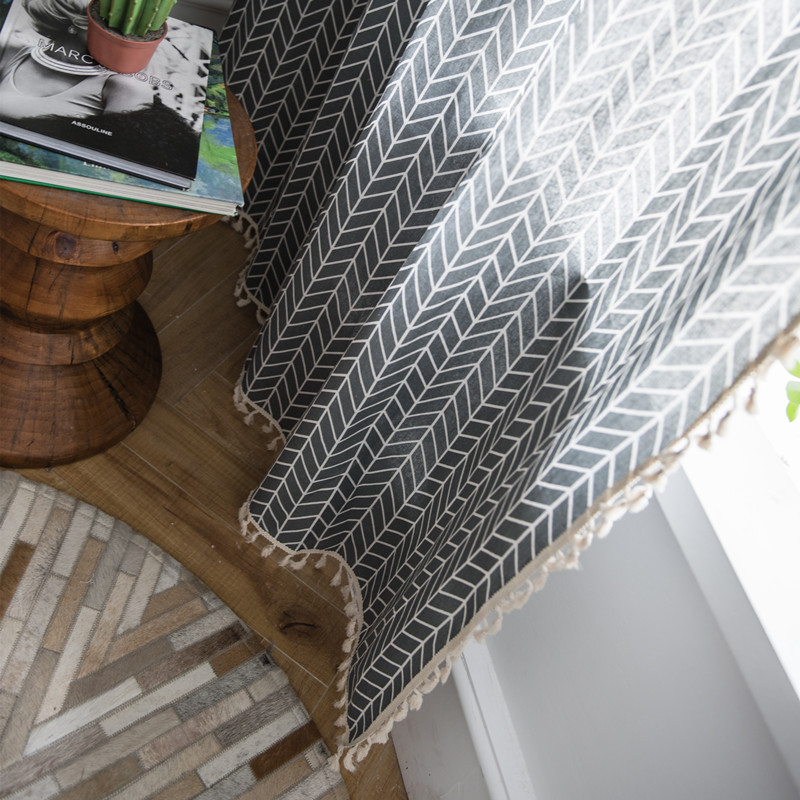Minimalistischer, geometrisch gestreifter, grauer, trapezförmiger Quastenstoff aus Polyester-Baumwolle für Zuhause und Gästezimmer, Fertigvorhang_voghion.com
