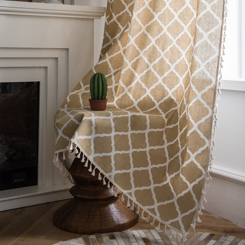 Minimalist Foreign Trade Polyester-cotton Geometric Diamond Pattern Yellow-green Tassel Fabric Home And Homestay Use,_voghion.com
