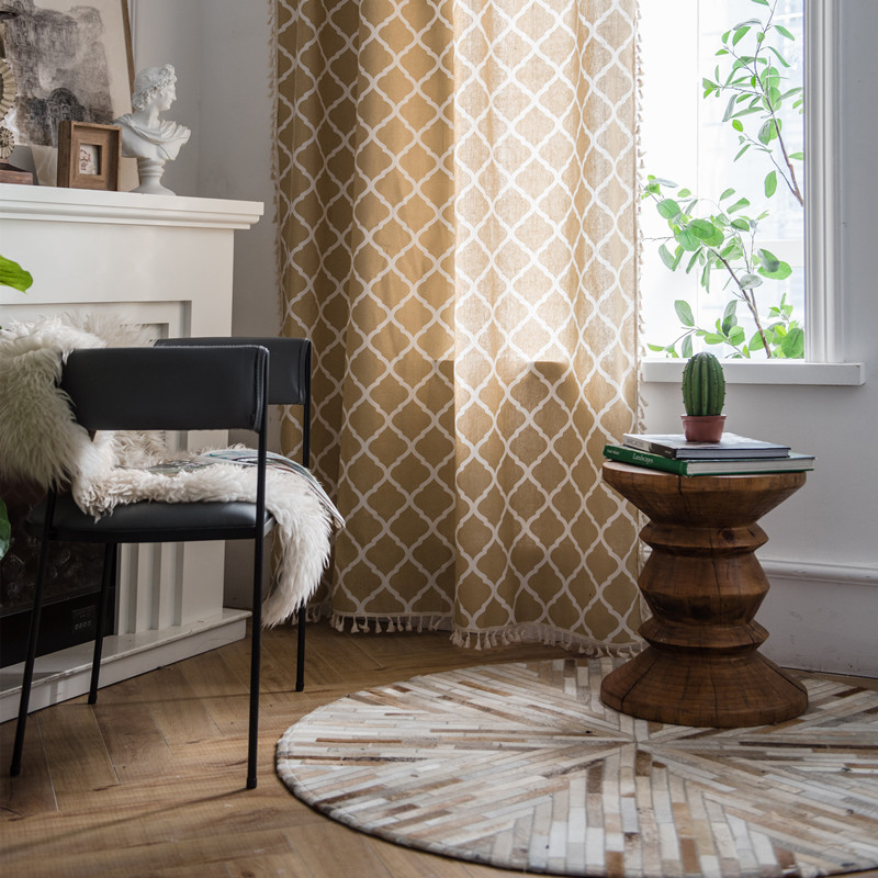 Minimalist Foreign Trade Polyester-cotton Geometric Diamond Pattern Yellow-green Tassel Fabric Home And Homestay Use,_voghion.com