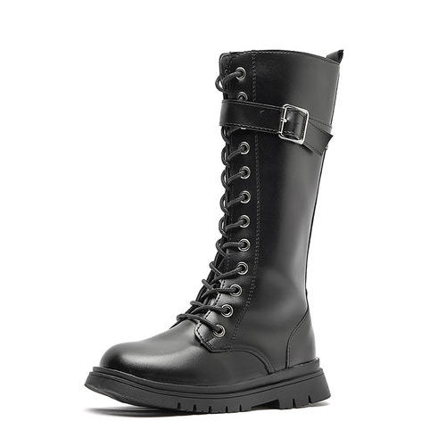 Real super fiber girls' boots plus velvet girls' leather winter new medium and large children's long Martin boots children's high boots