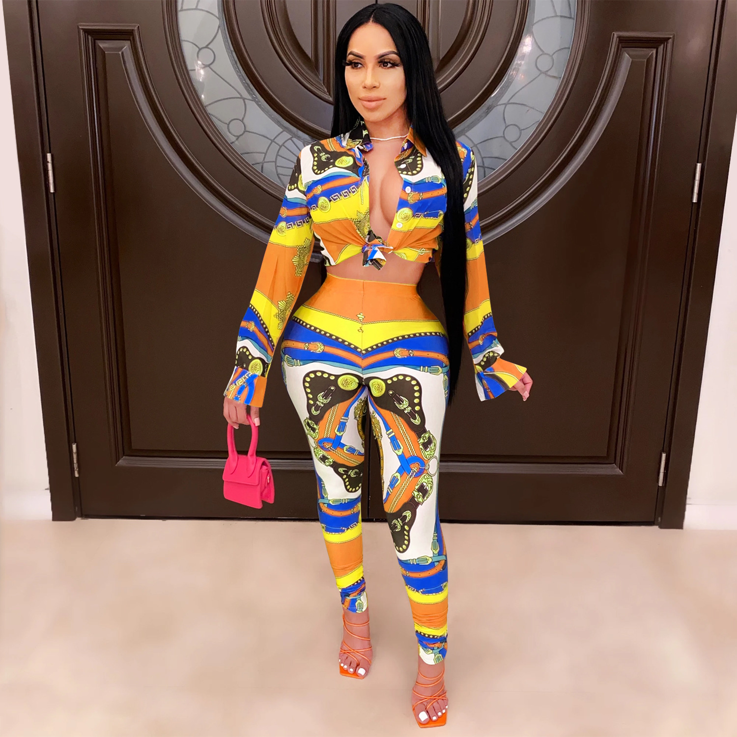 X3711wish autumn and winter new digital printing waist business casual AliExpress Amazon long sleeve women's suit